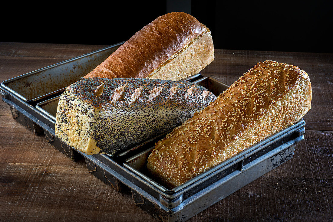 Freshly baked, light, seeded loaves in a baking tin