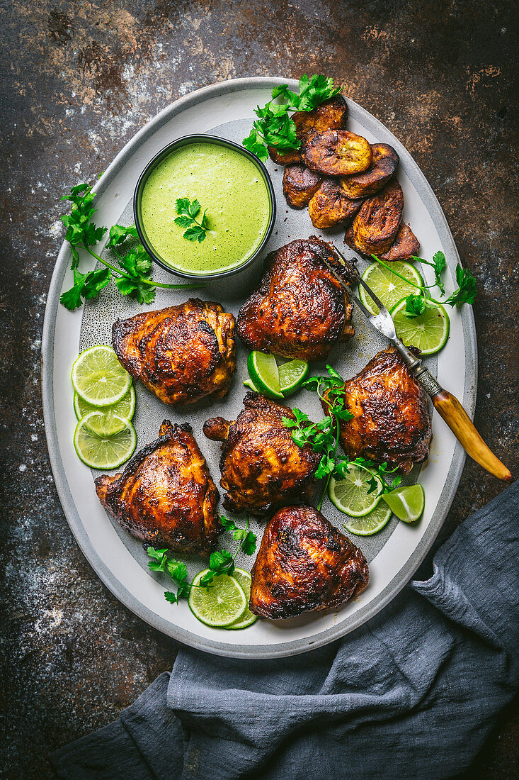 Roasted Chicken with Sauce and Plantains