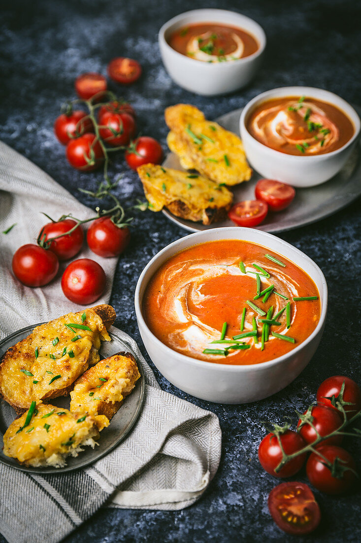 Tomato Soup with Cheese Toasts and Fresh Tomatoes