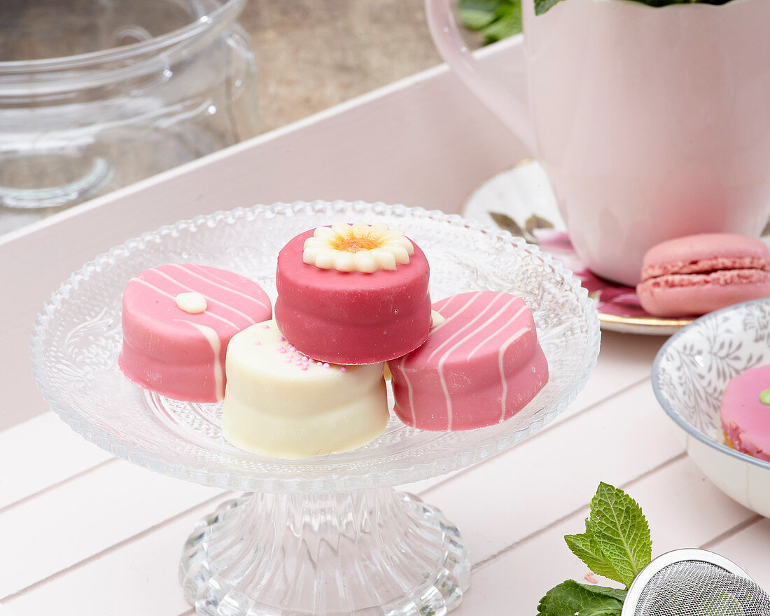 Petit fours on a glass cake stand