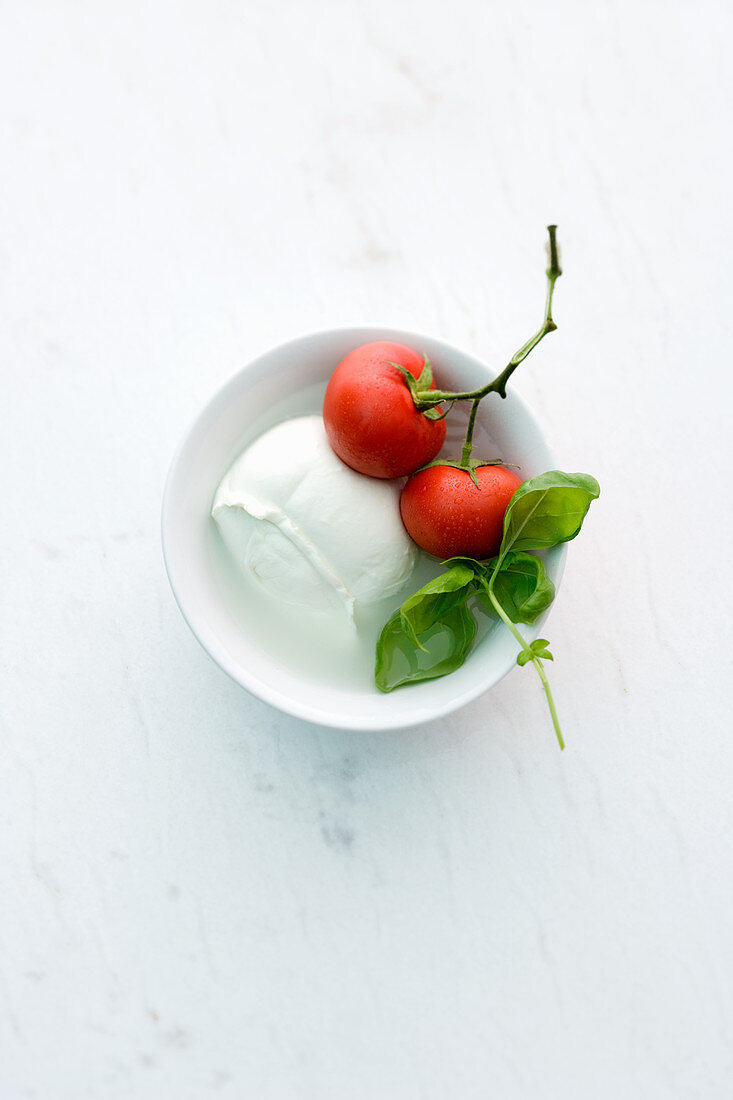 Mozzarella, Tomaten und Basilikum