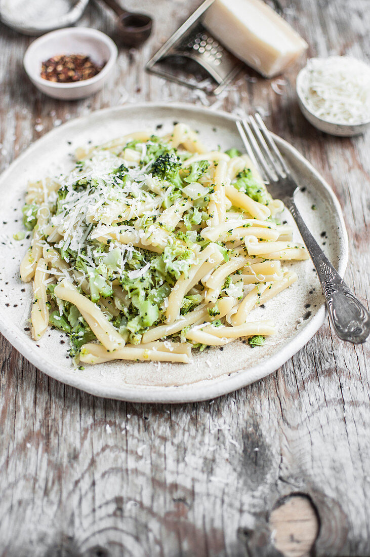 Casarecce pasta with broccoli pesto