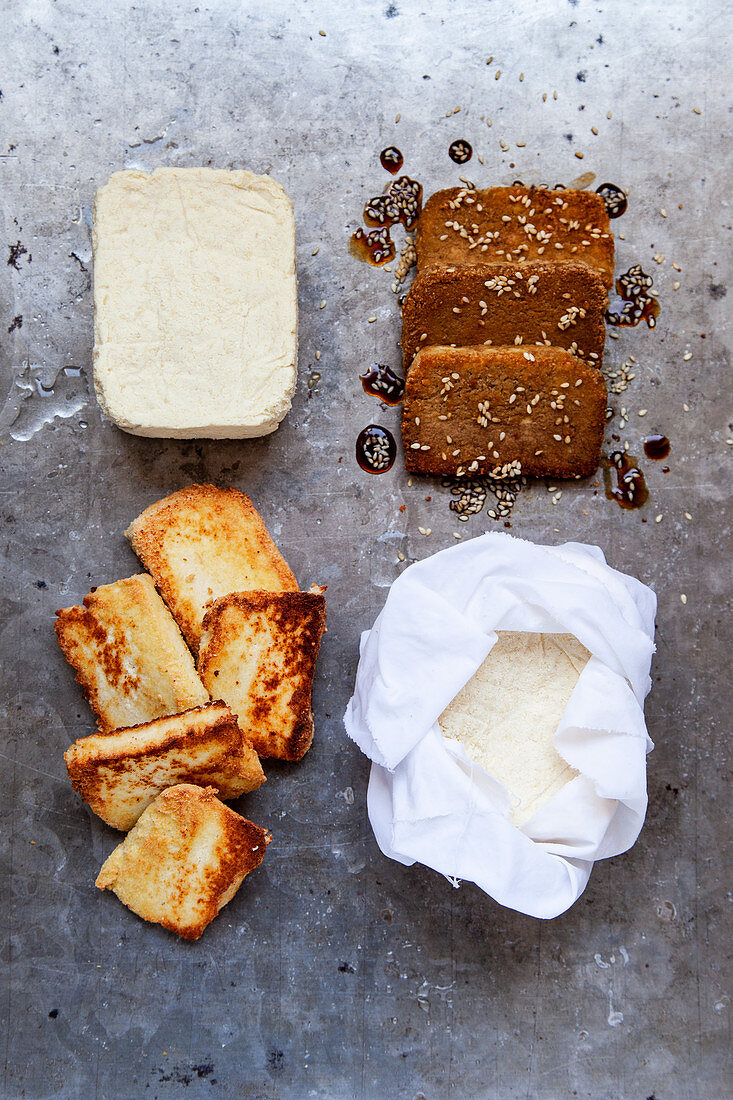 Homemade tofu (fresh, fried, marinated)