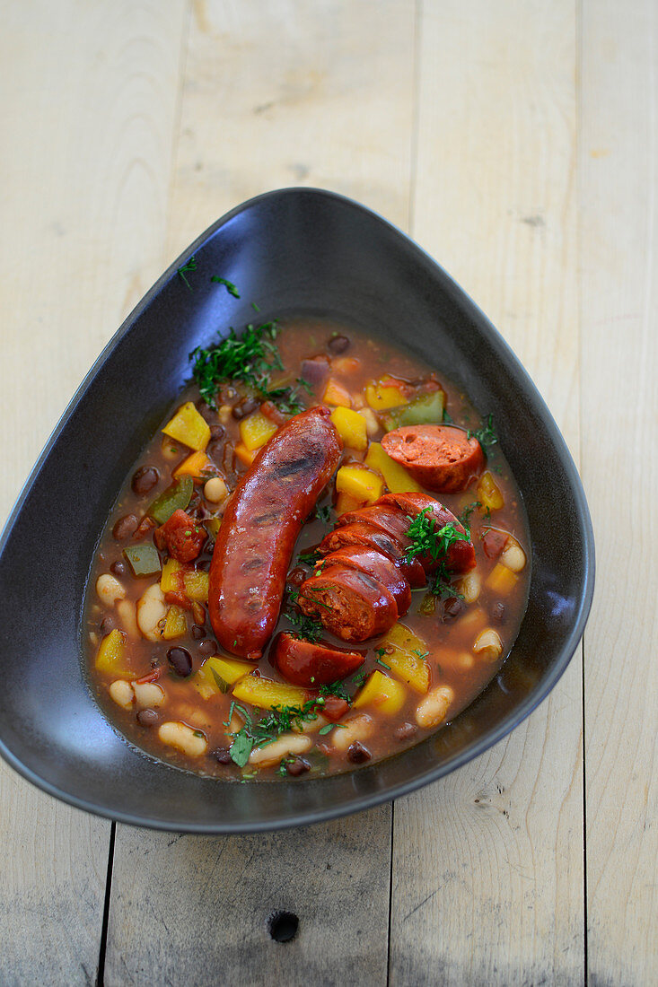 Spanish vegetable and bean stew with chorizo