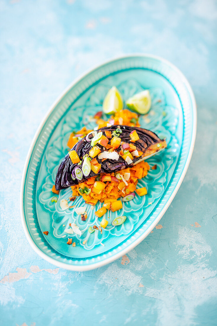 Grilled miso red cabbage with pumpkin and coconut purée and diced peaches (vegan)