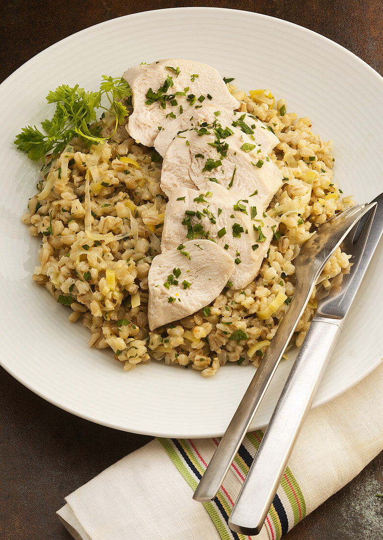 Chicken with barley risotto