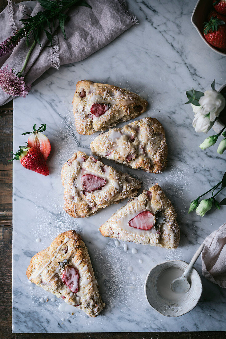 Strawberry scones on marble table