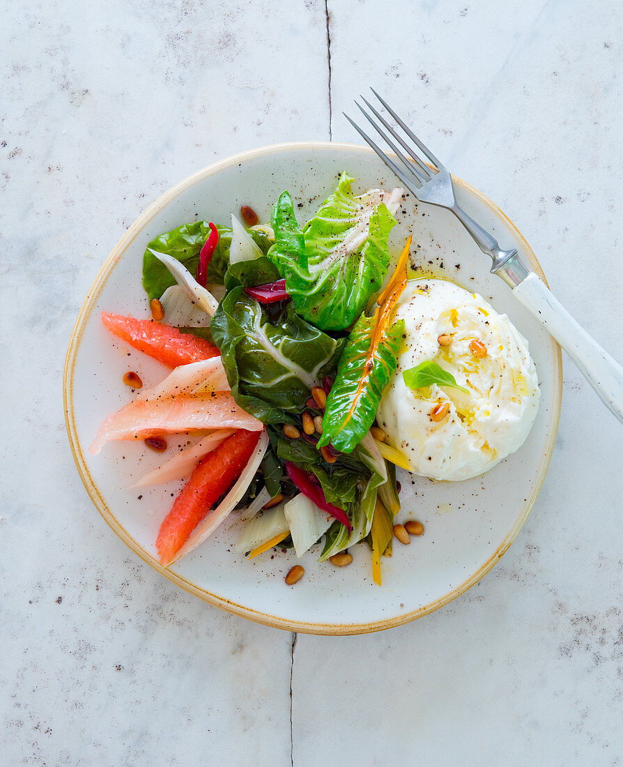 Burrata mit Mangold, Grapefruit und Pinienkernen