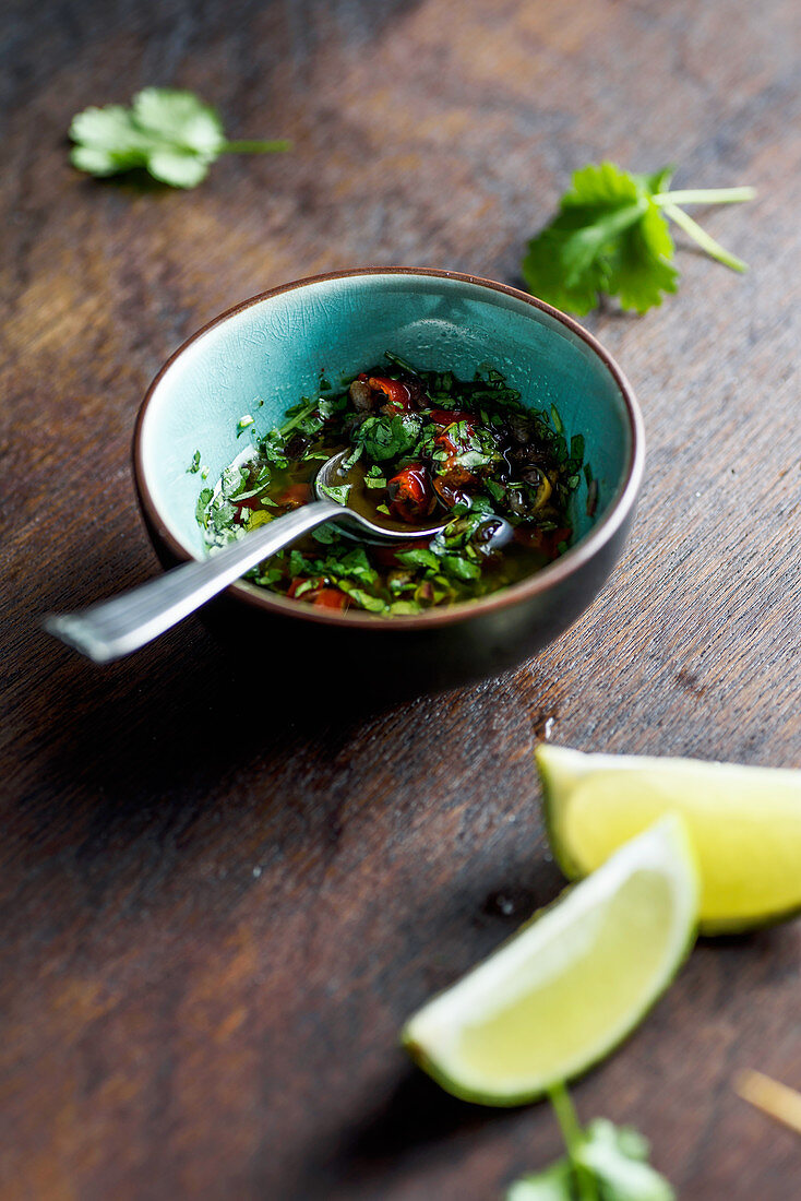 Coriander, chili pepper, olive olil and lime sauce