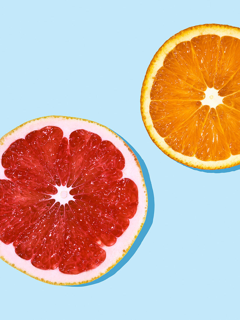 Orangenscheibe und rosa Grapefruitscheibe