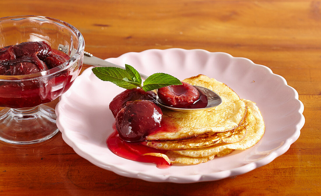 Pancakes with damson compote and fresh mint