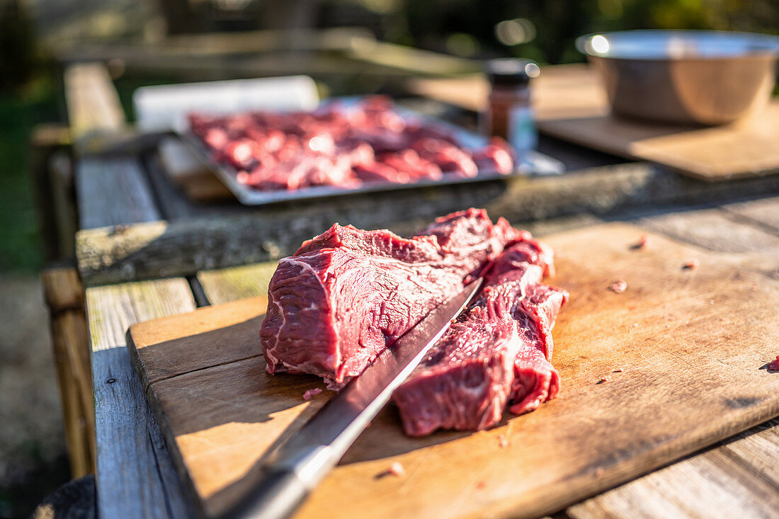 Beef rib eye being prepared