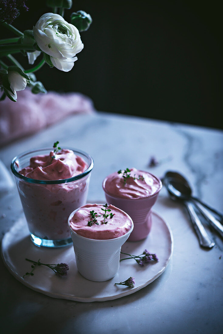 Tasty glasses of strawberry mousse