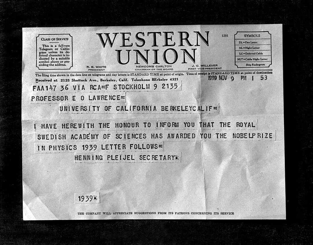 Lawrence's Nobel Prize Telegram, 1939