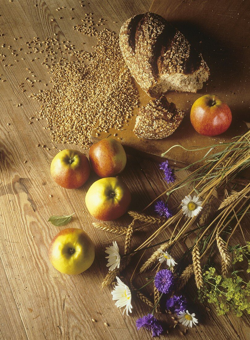 Stillleben mit Brot, Weizenähren, -körnern & Äpfeln