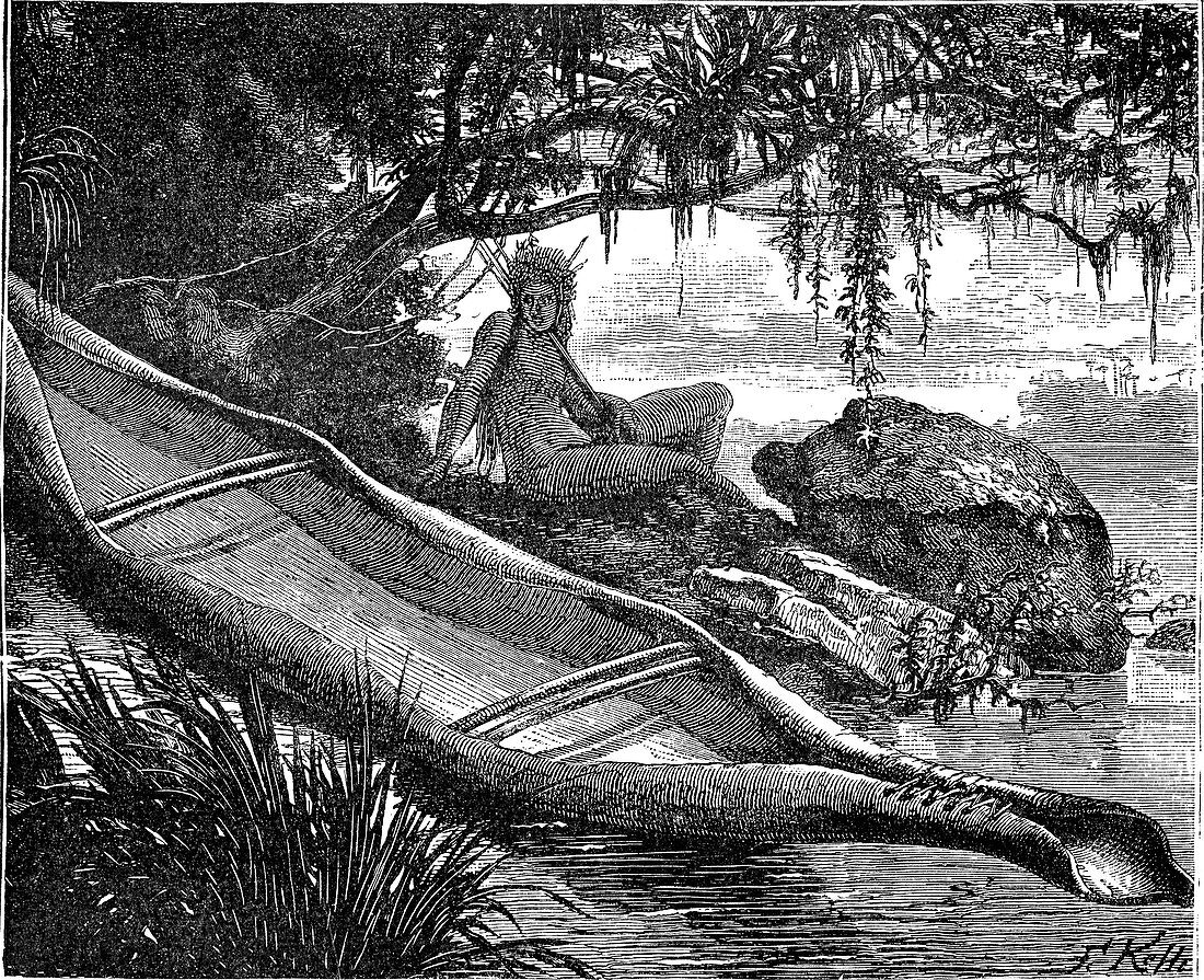 Bark canoe in the Amazon, 19th century