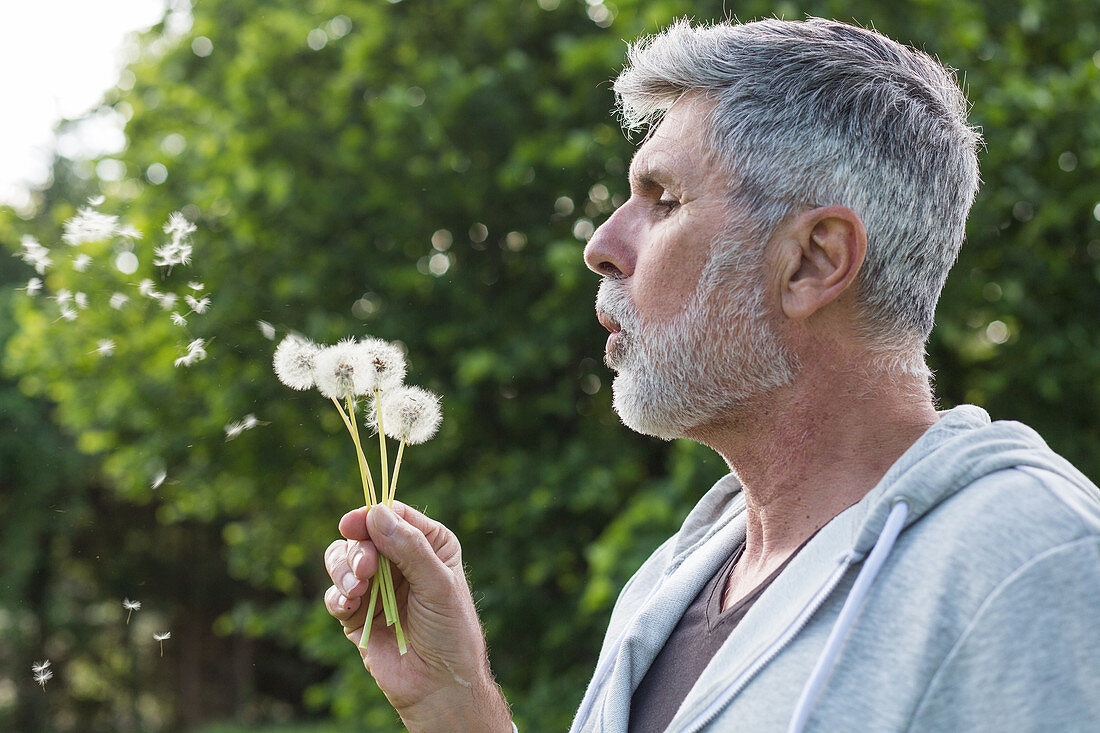 Man blowing on a dandelion flower