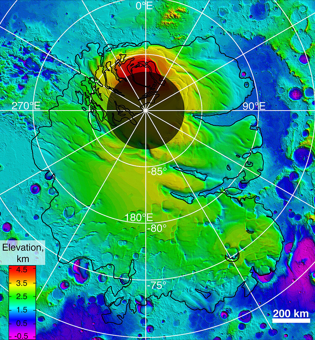 Mars southern polar region, MOLA surface image