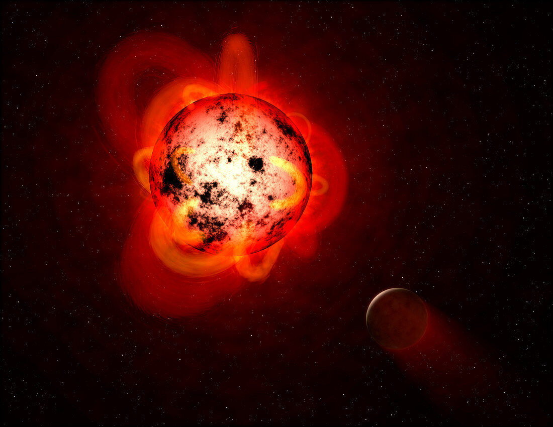 Exoplant and red dwarf stellar flares, illustration