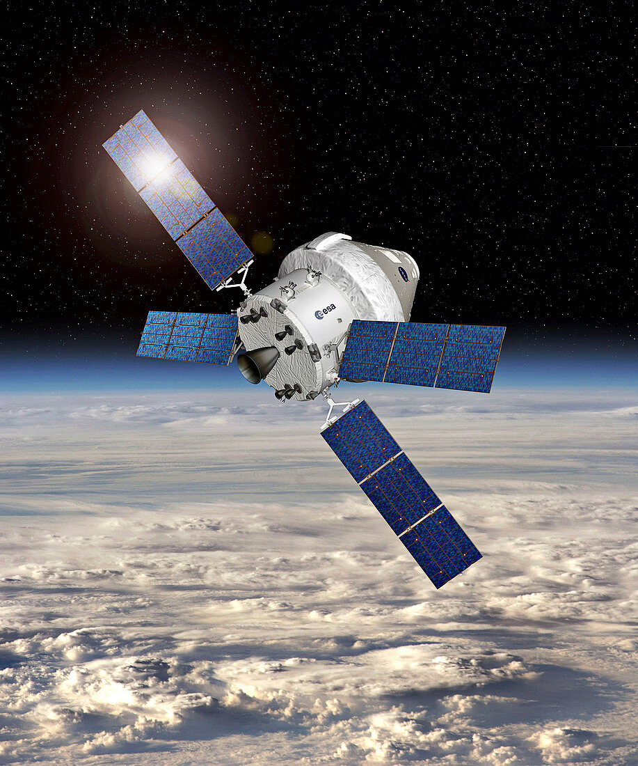 Orion and ESM spacecraft in Earth orbit, illustration