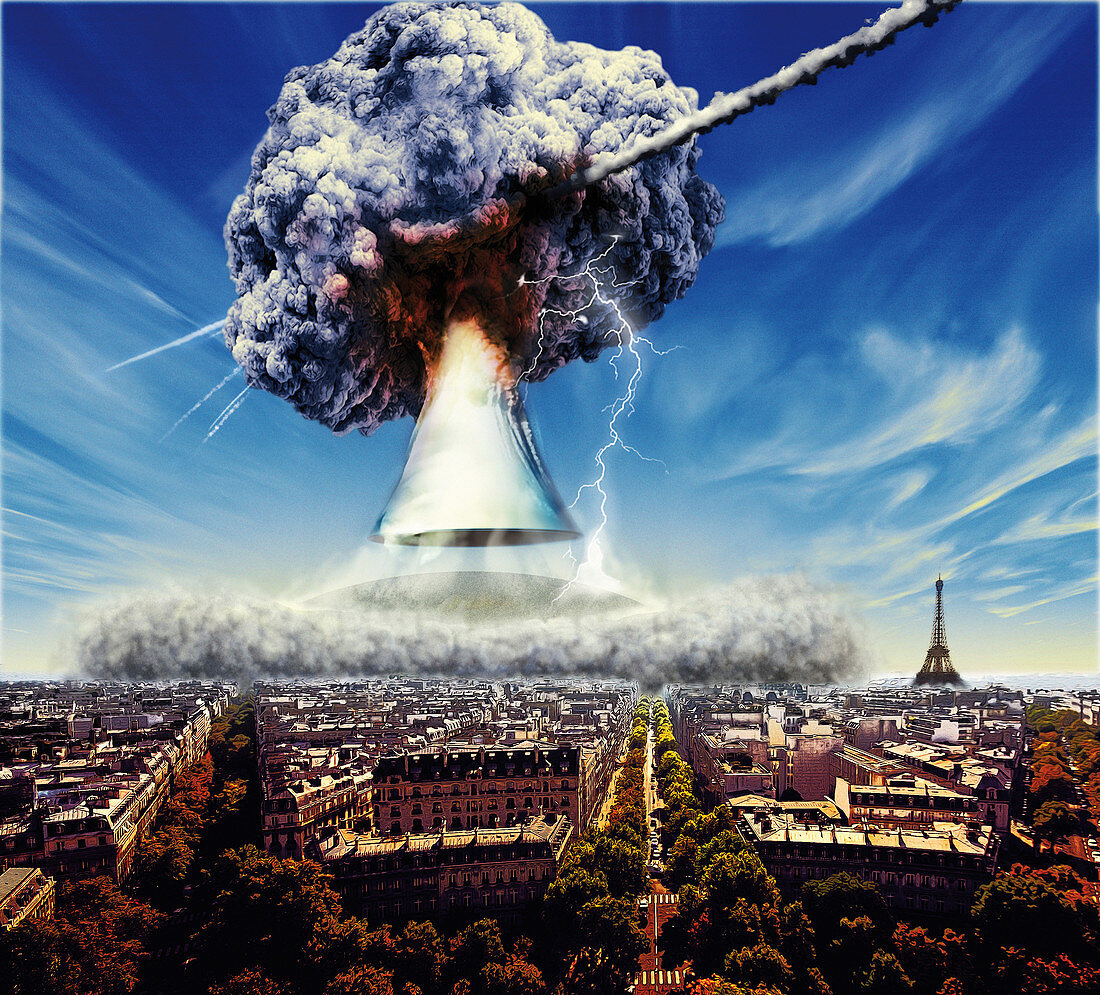 Meteorite exploding above Paris, France, illustration