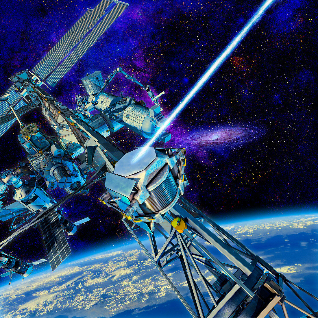 Alpha Magnetic Spectrometer installed on ISS, illustration