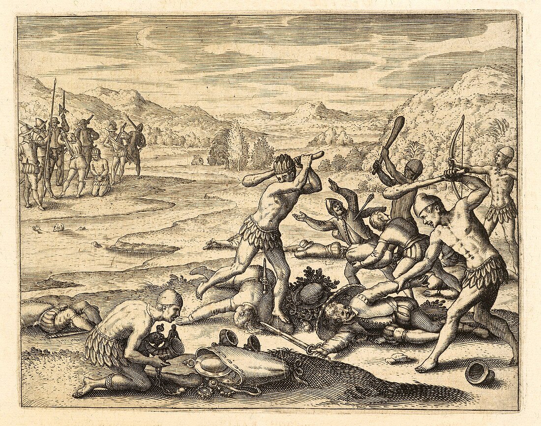Morequito people slaying Spanish soldiers, 16th century