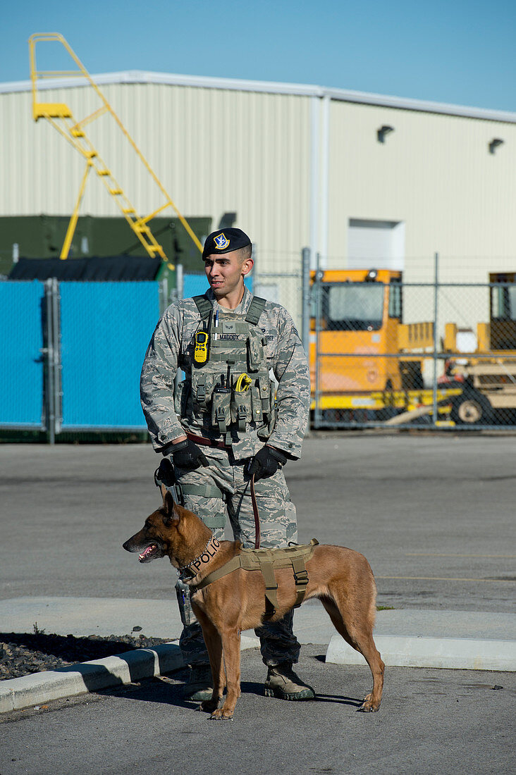US Air Force soldier with bomb-sniffing dog