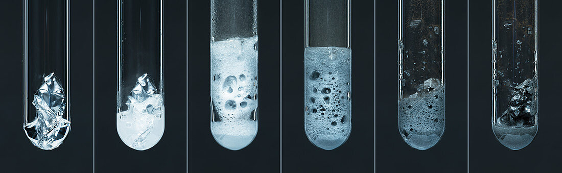 Aluminum reacts with hydrochloric acid