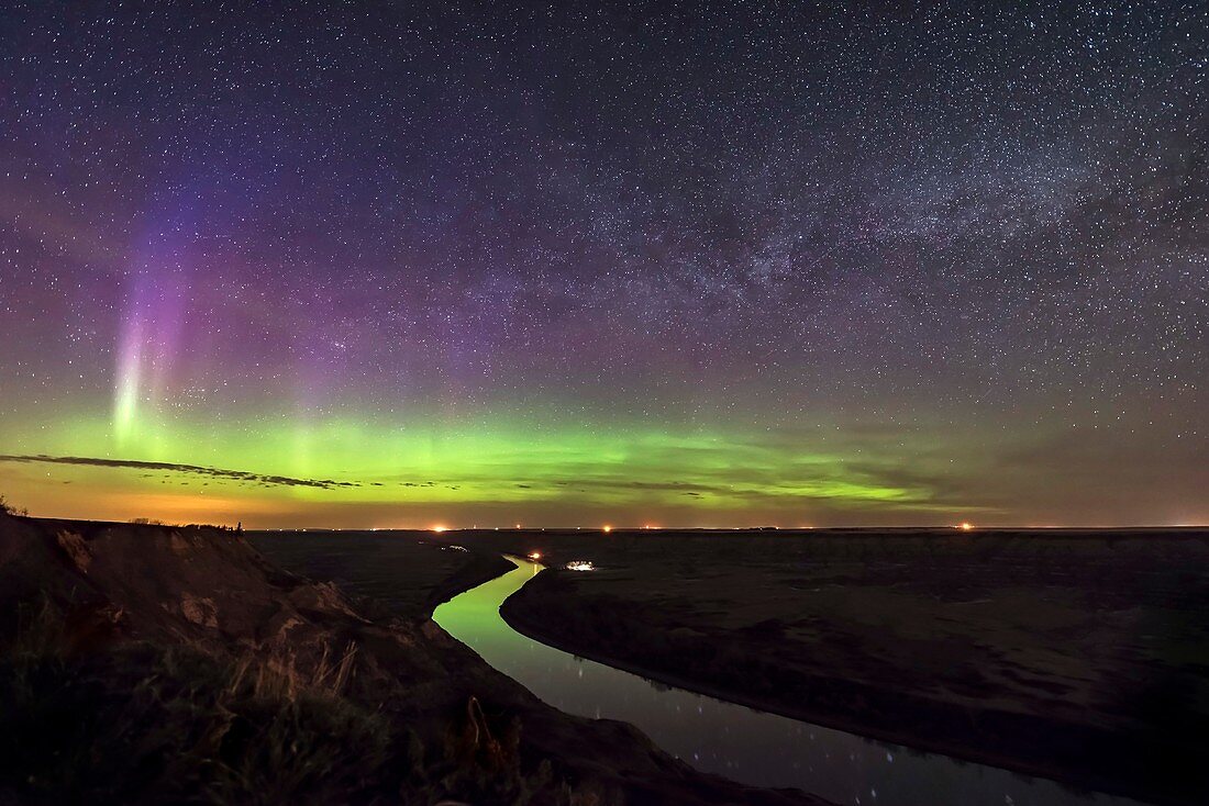 Aurora and Milky Way over Red Deer River, Alberta, Canada