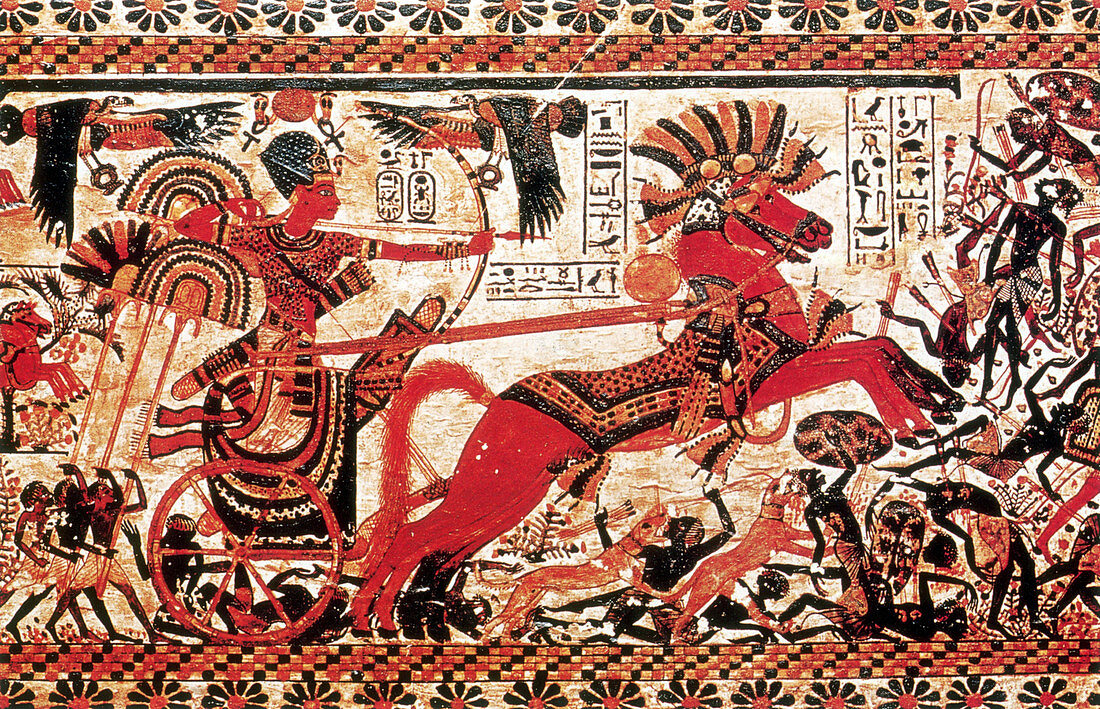 Tutankhamun in War Chariot Attacking Nubians