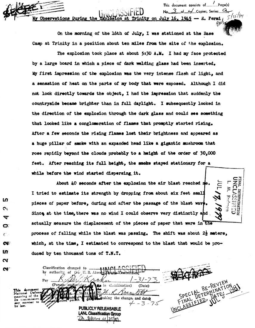 Trinity Test, Enrico Fermi Observations, 1945