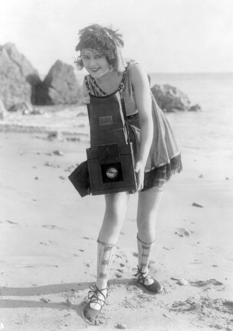 Myrtle Lind Poses with Graflex Camera, 1919