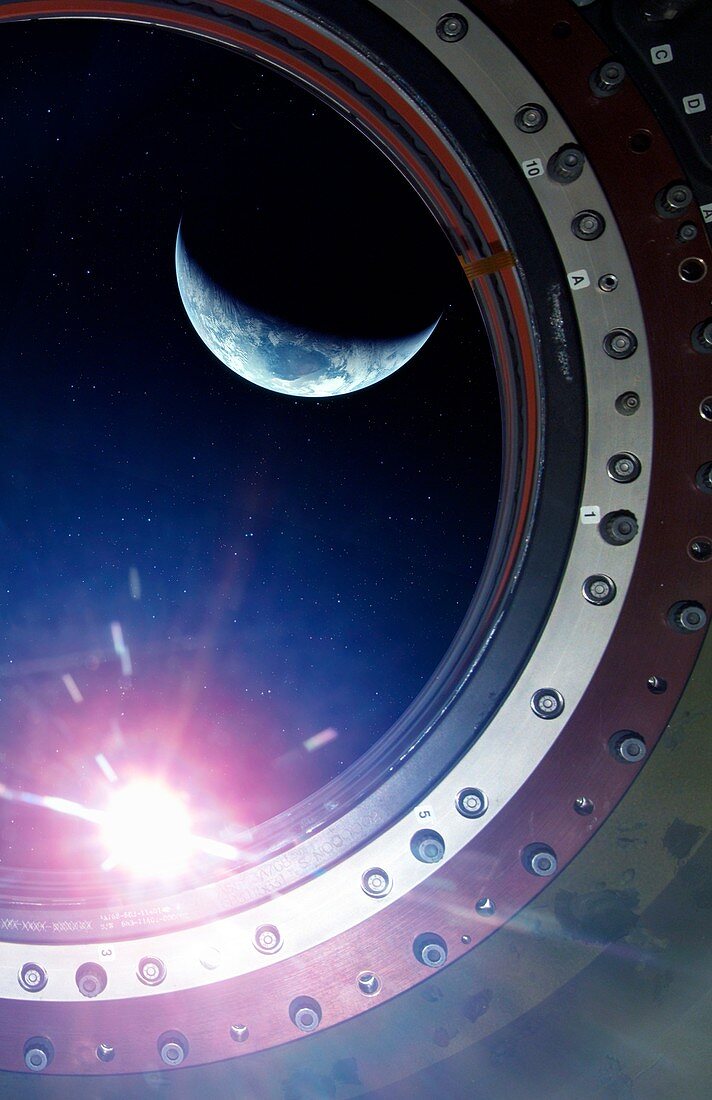 Earth seen through spacecraft window, illustration