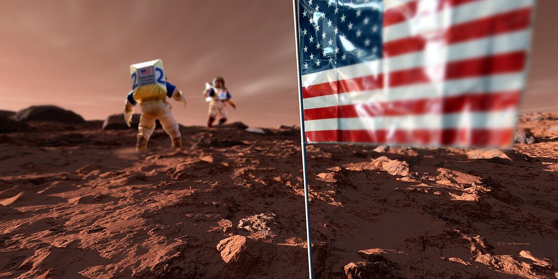 Astronauts on Mars with US flag, illustration