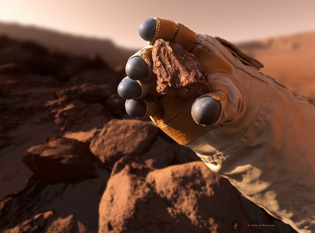 Astronaut holding Mars rock, illustration