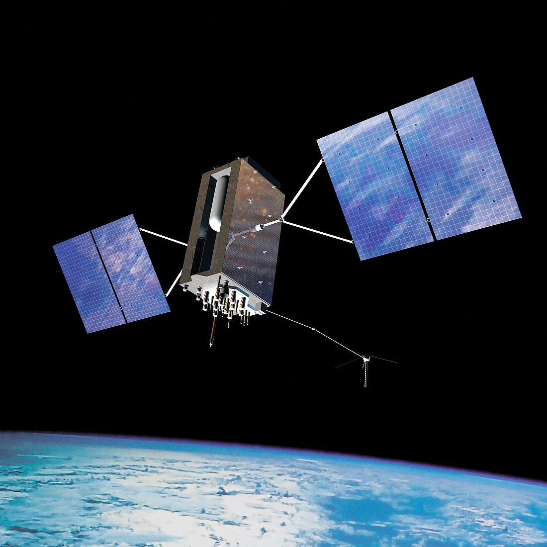 GPS III global positioning satellite in orbit, illustration