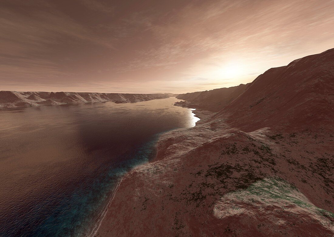 Water-filled channels on Mars, illustration