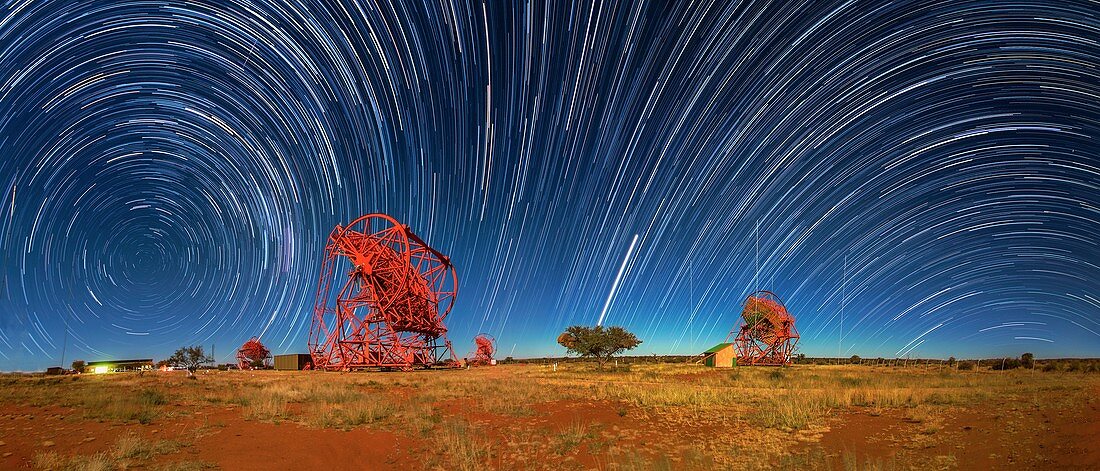 Star trails over HESS telescopes, time-exposure image