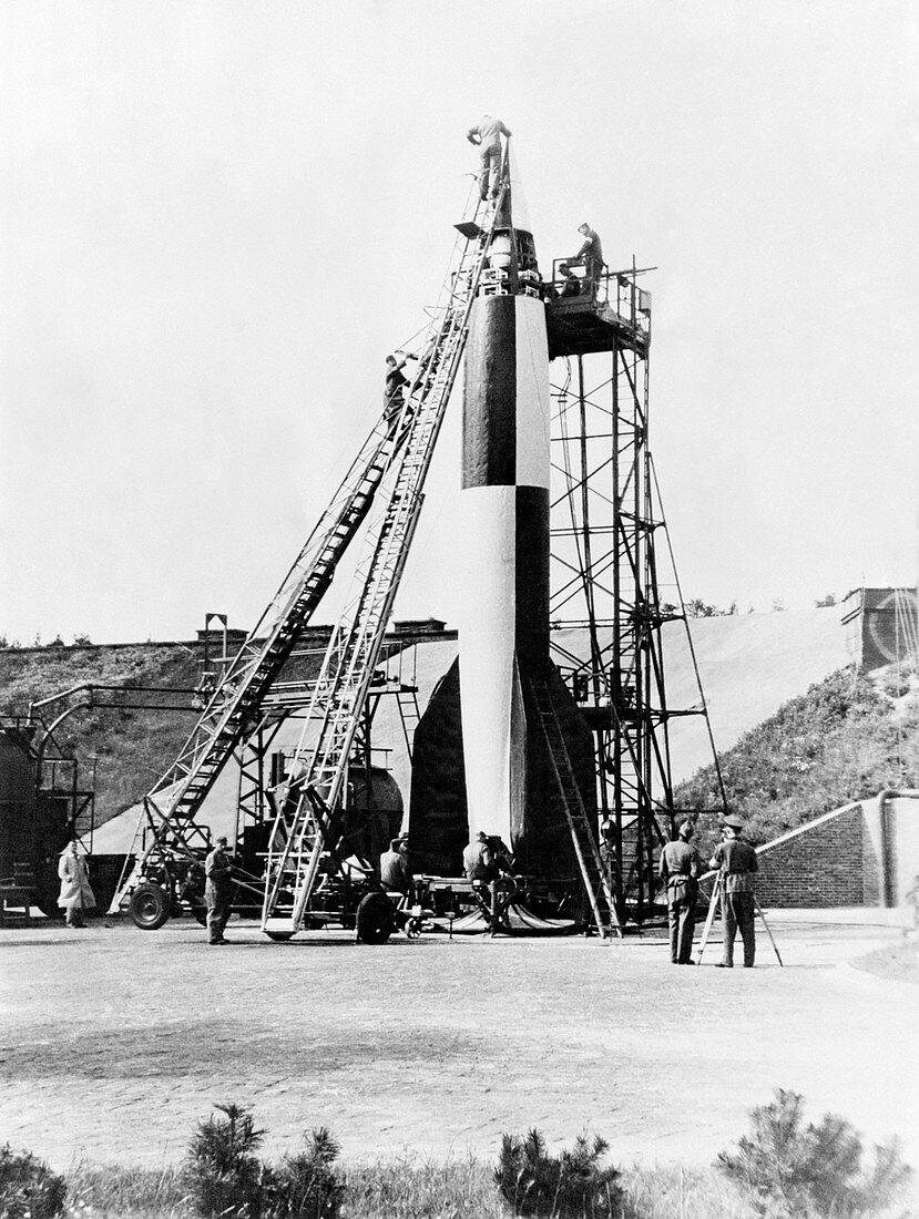 V-2 rocket missile being prepared for launch, 1940s