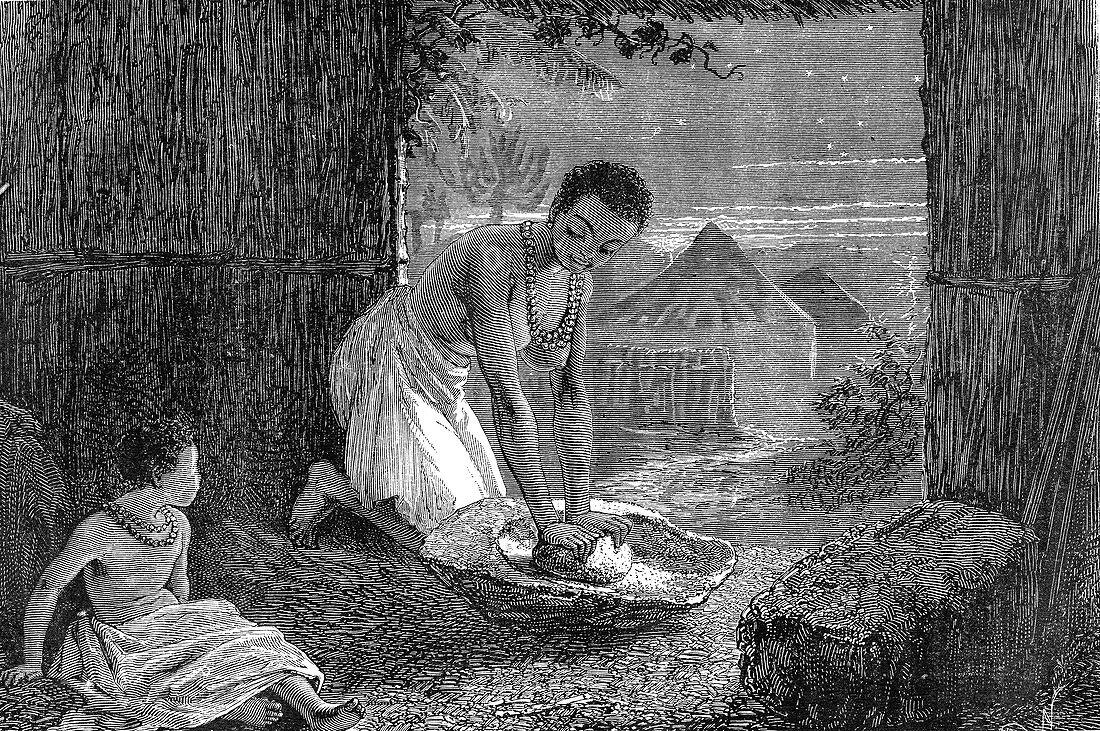 19th Century African woman grinding grain, illustration