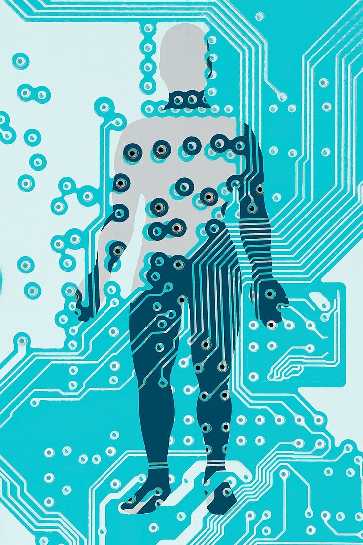 Man with computer circuit board, illustration