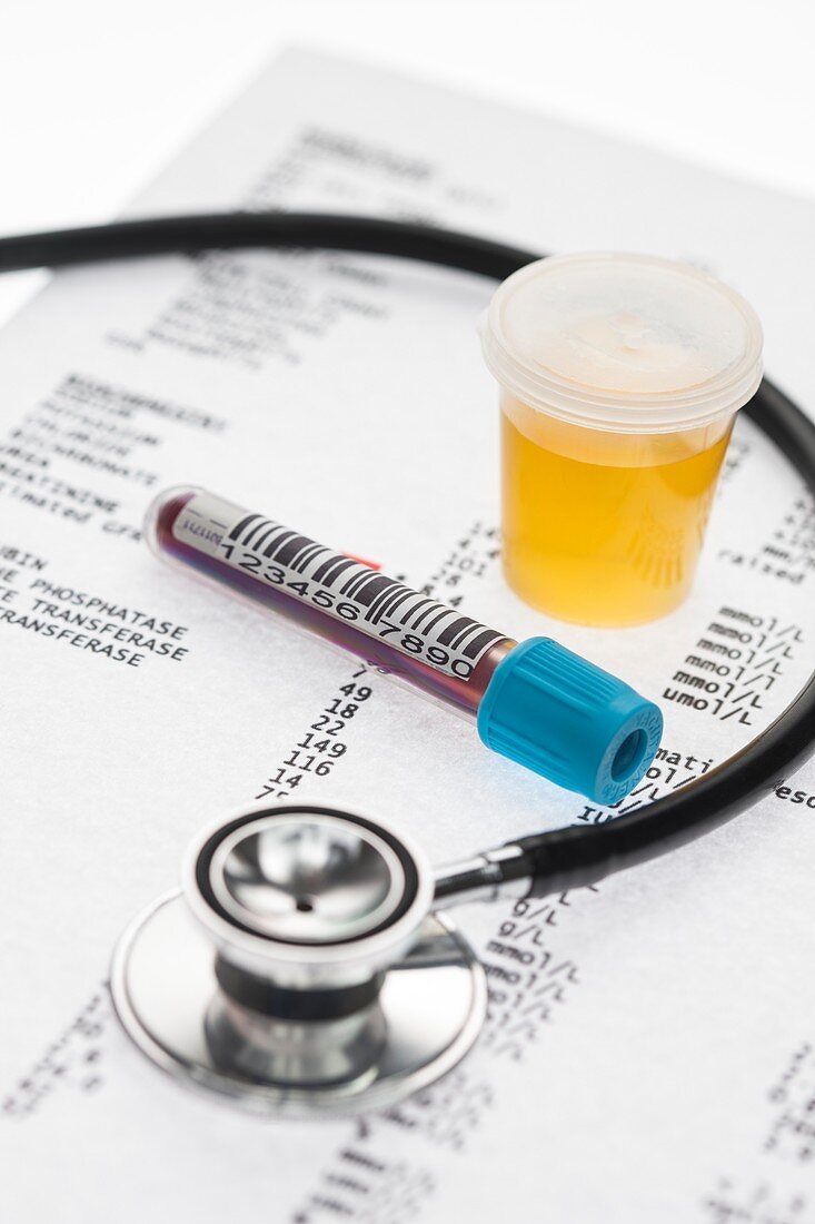 Medical check-up with blood and urine test samples