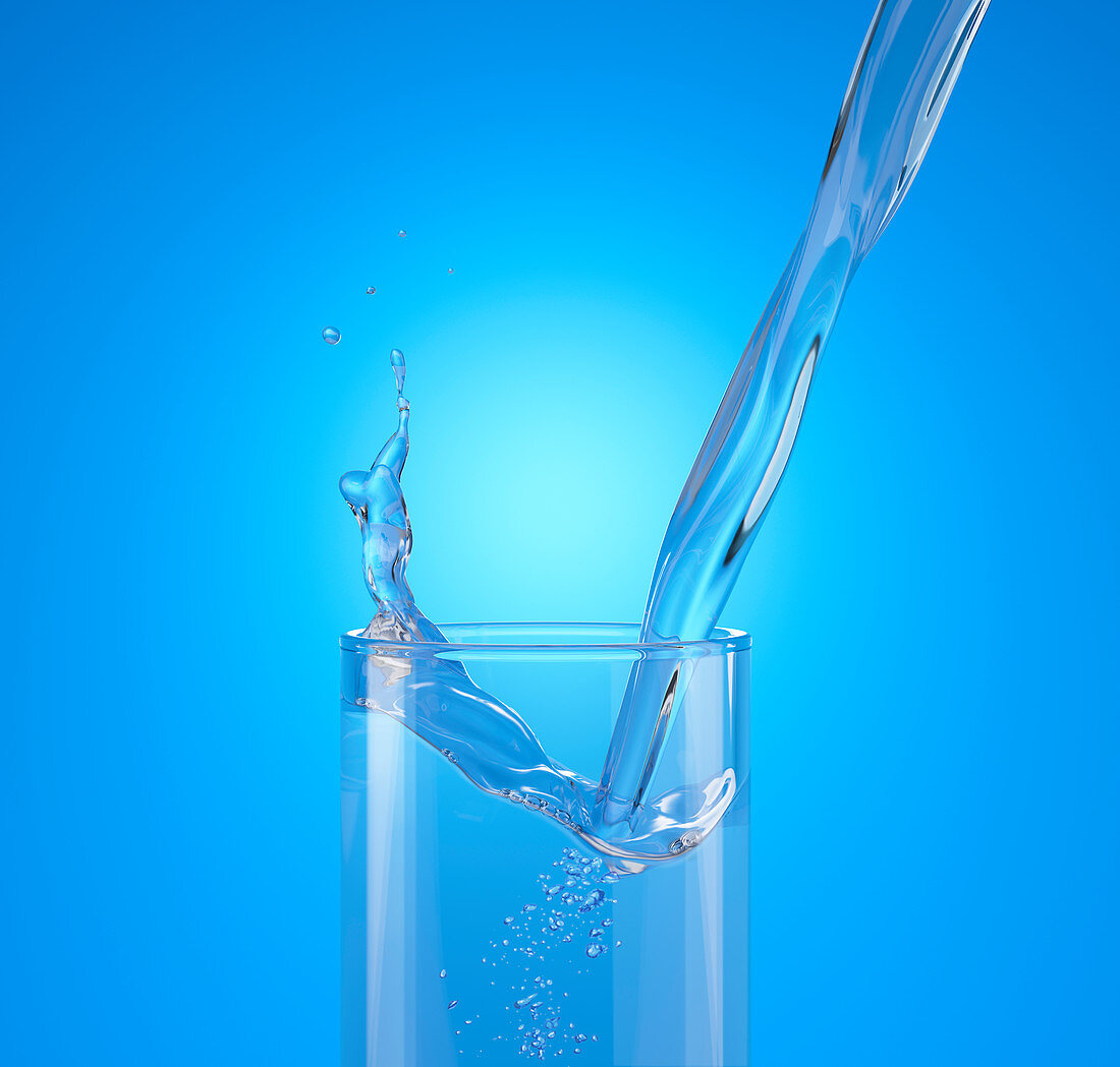 Pouring water into a glass with splash, illustration