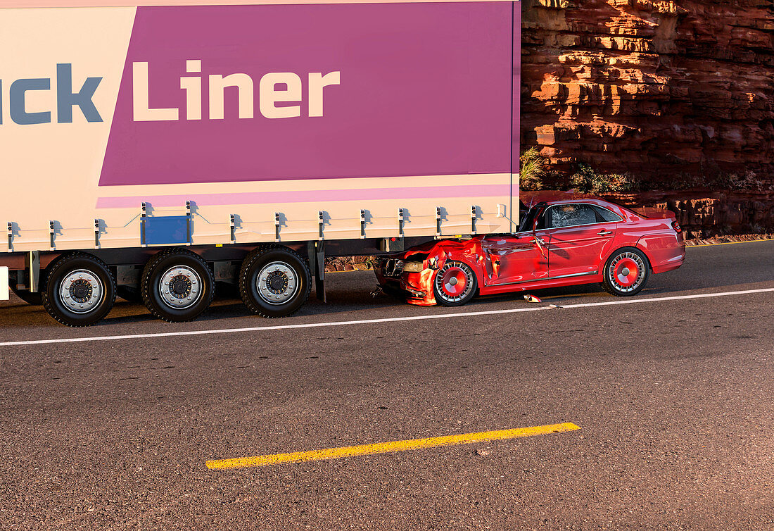 Car crashed under truck, illustration