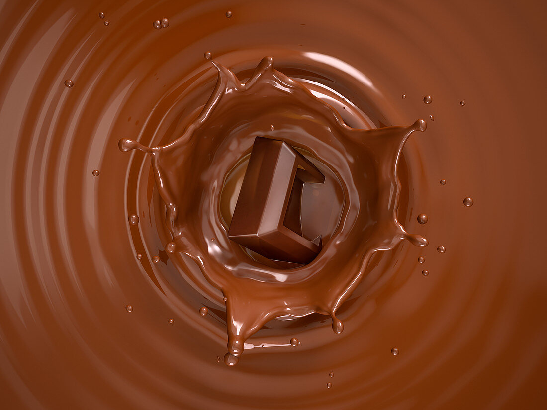 Chocolate cube splashing into liquid chocolate, illustration