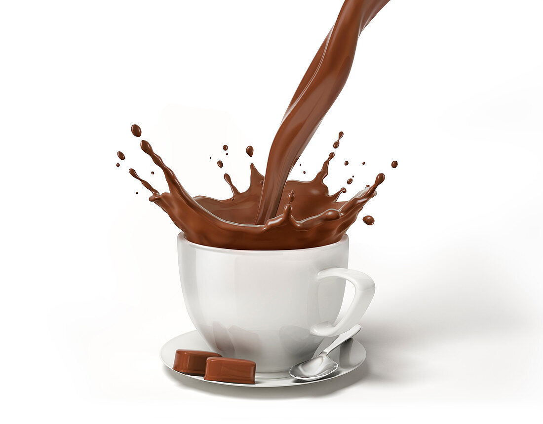 Chocolate splashing into cup and saucer, illustration