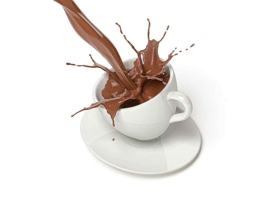 Chocolate splashing into cup and saucer, illustration