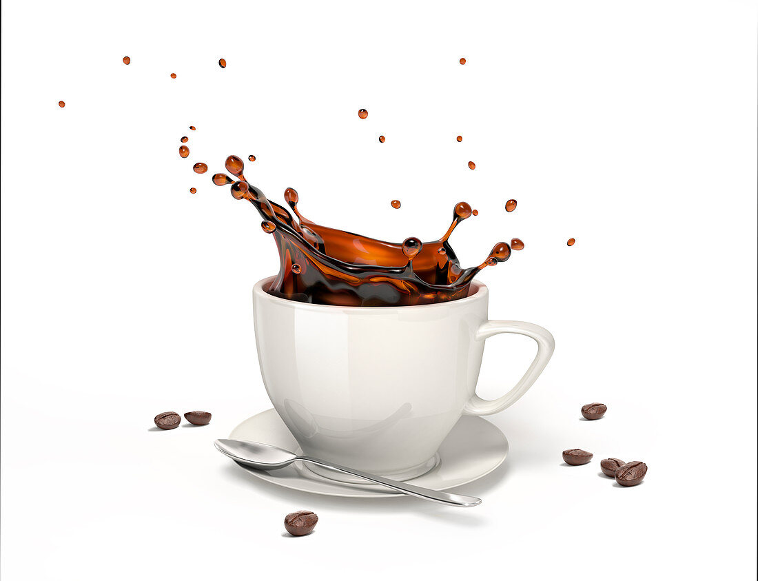 Coffee splash in a cup on saucer, illustration