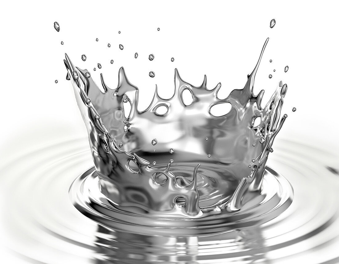 Liquid metal crown splash with ripples, illustration